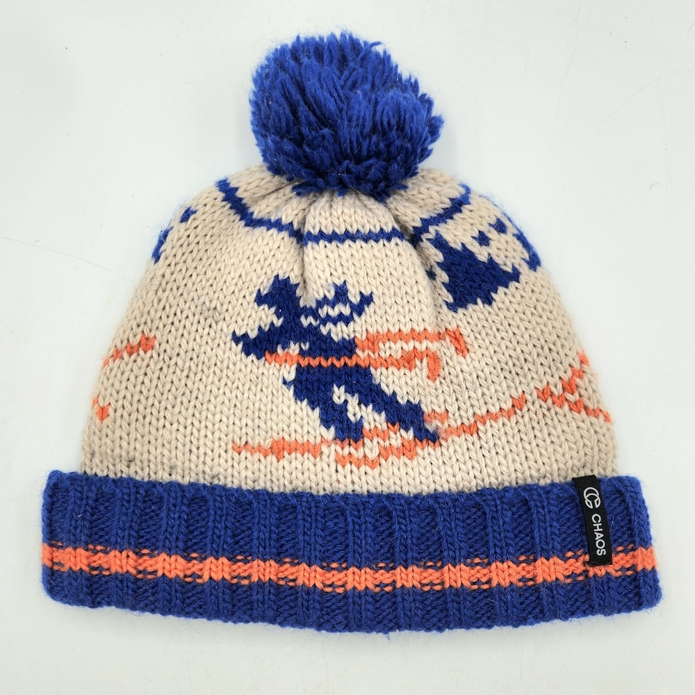 Chaos Wool Blend Ski Knit Pom Hat Blue Ivory Retro One Size Adult Unisex Beanie
